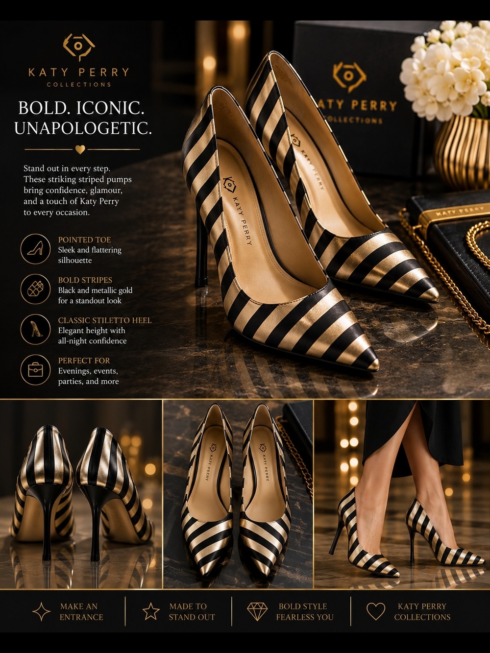 Katy Perry Collections Black & Gold Striped Pointed Toe Pumps